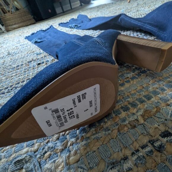 Denim Over The Knee Boots 9 Pointed Toe Distressed Tall Heels Y2K Wood Block Hee - Picture 3 of 10